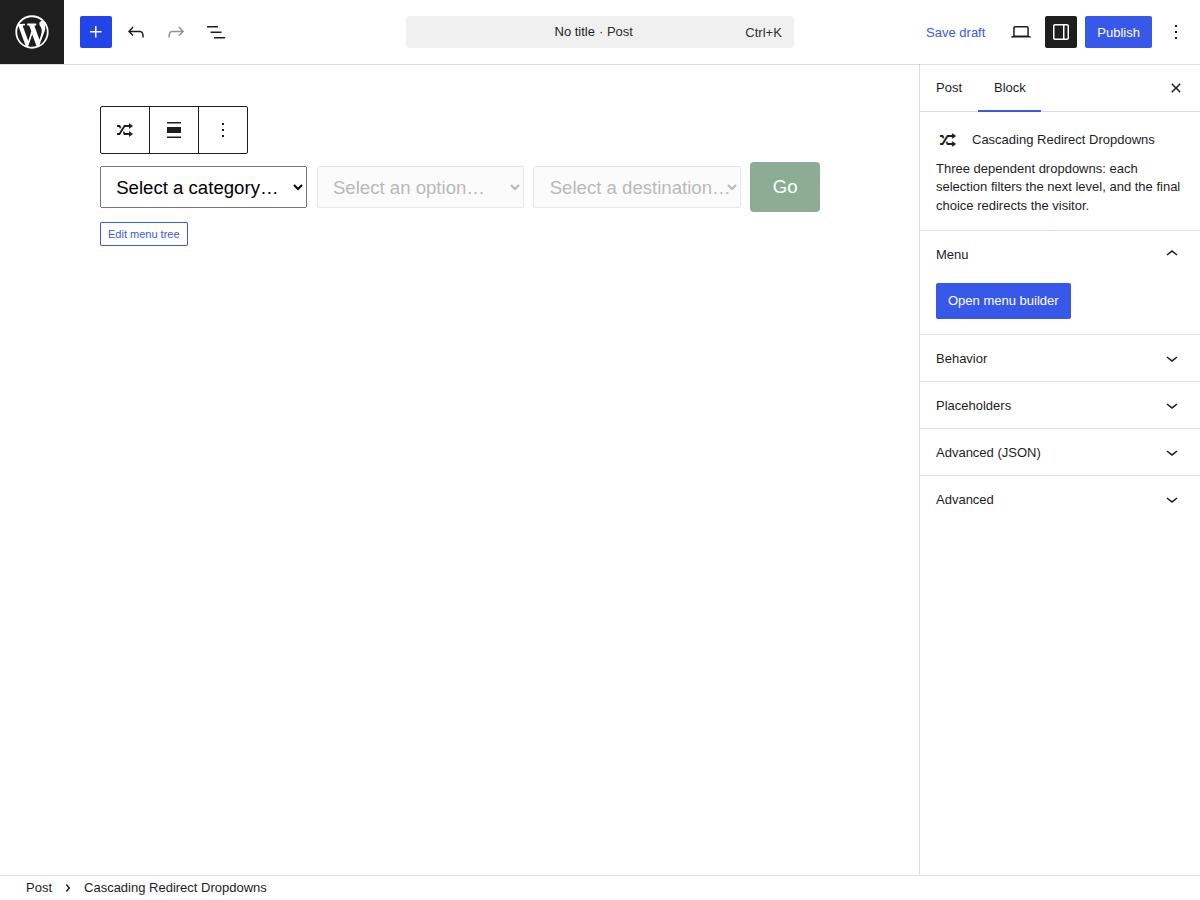 The Elmspur Cascade block selected in the WordPress editor, with the menu tree builder open in the block sidebar