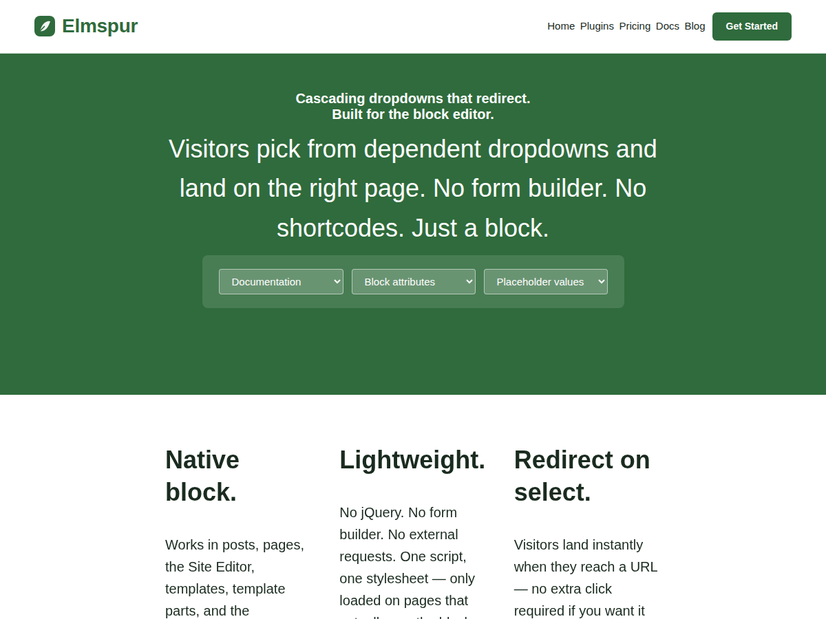 The cascading dropdowns running on the front end of a published page, with category, option and destination selects